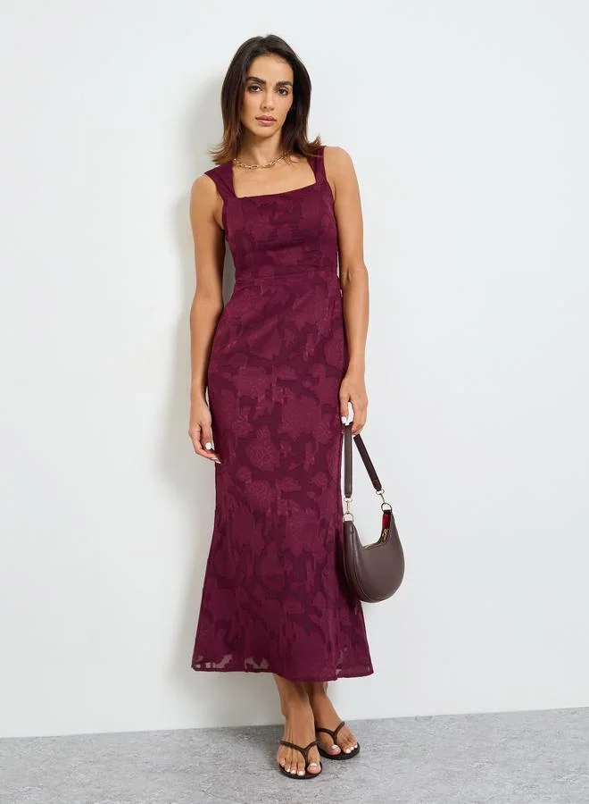Take Two Burgundy Solid Lace Details Square Neck Midi Dress