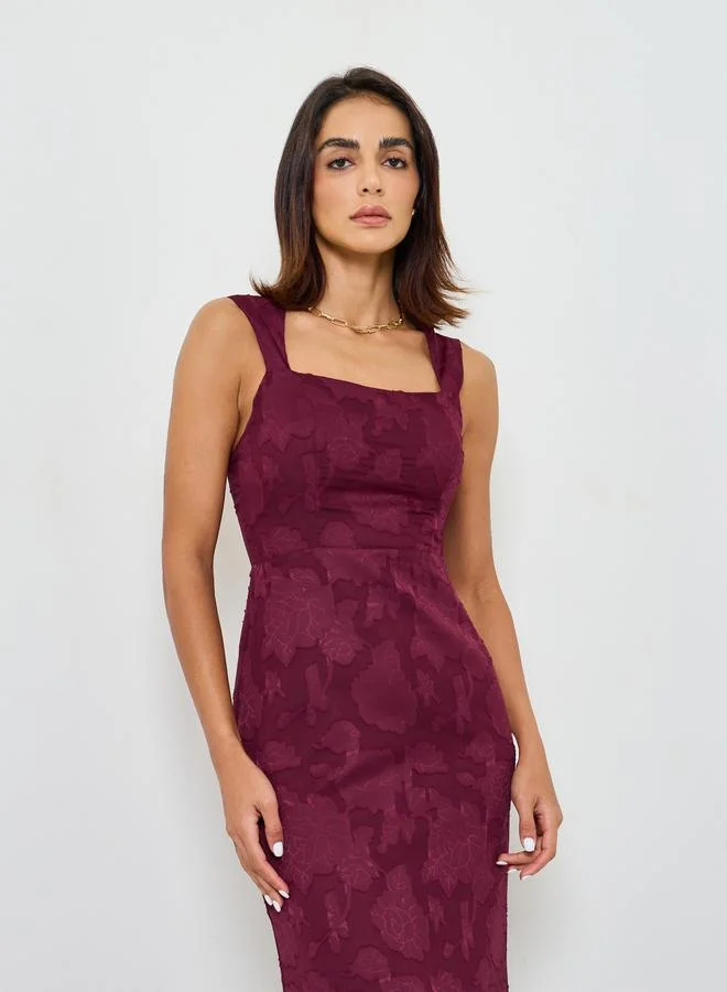 Take Two Burgundy Solid Lace Details Square Neck Midi Dress