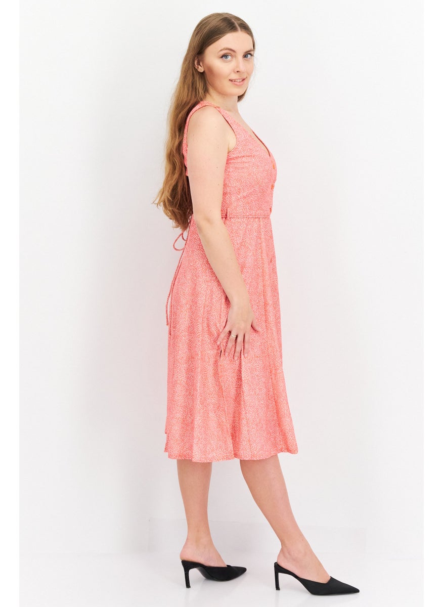 French Connection Women Allover Print Tie Waist Midi Dress, Orange  - Image 3