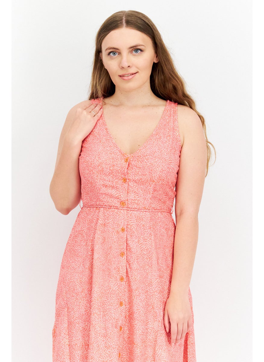 French Connection Women Allover Print Tie Waist Midi Dress, Orange  - Image 4