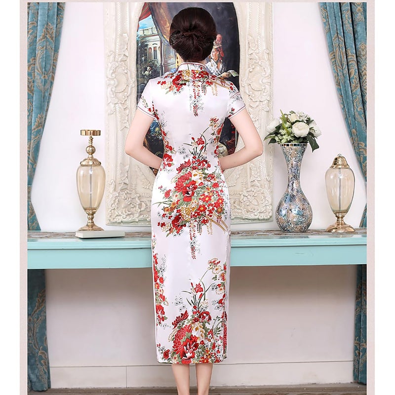 INFENU Chinese Style Dress Improves Cheongsam Temperament, Retro Long Silk Printed Daily Banquet Women's Performance Clothing (Write,Large) - Image 2