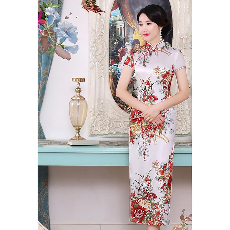 INFENU Chinese Style Dress Improves Cheongsam Temperament, Retro Long Silk Printed Daily Banquet Women's Performance Clothing (Write,Large) - Image 4