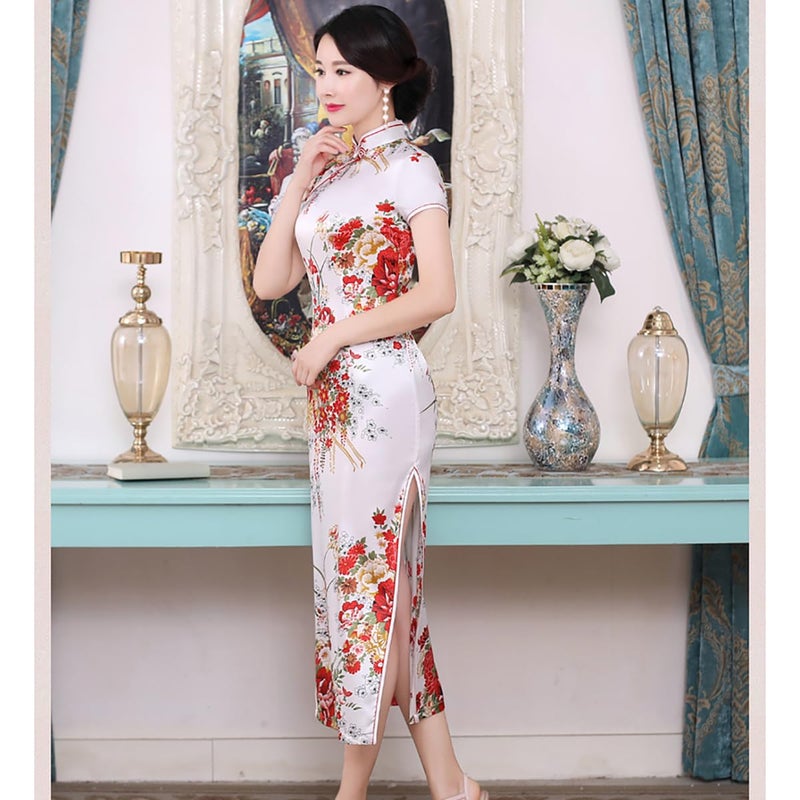 INFENU Chinese Style Dress Improves Cheongsam Temperament, Retro Long Silk Printed Daily Banquet Women's Performance Clothing (Write,Large) - Image 3