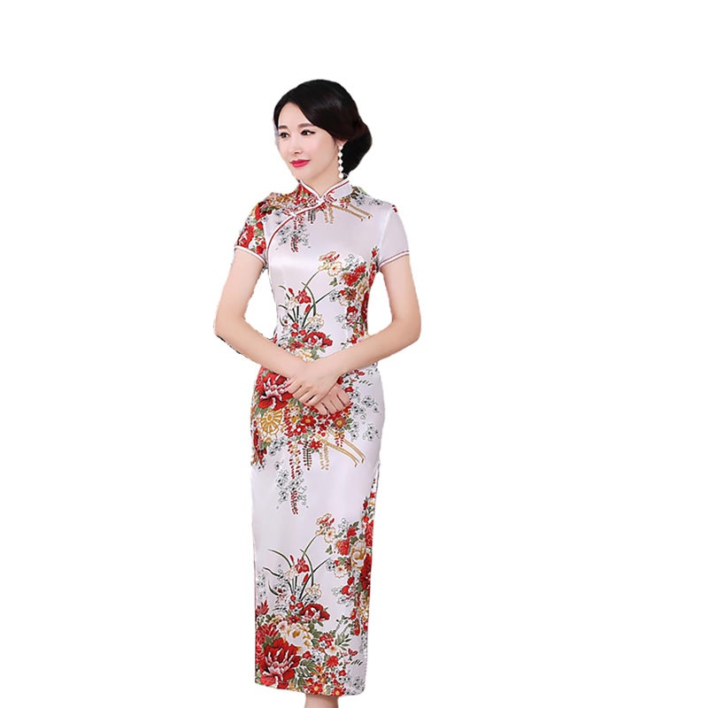 INFENU Chinese Style Dress Improves Cheongsam Temperament, Retro Long Silk Printed Daily Banquet Women's Performance Clothing (Write,Large) - Image 1