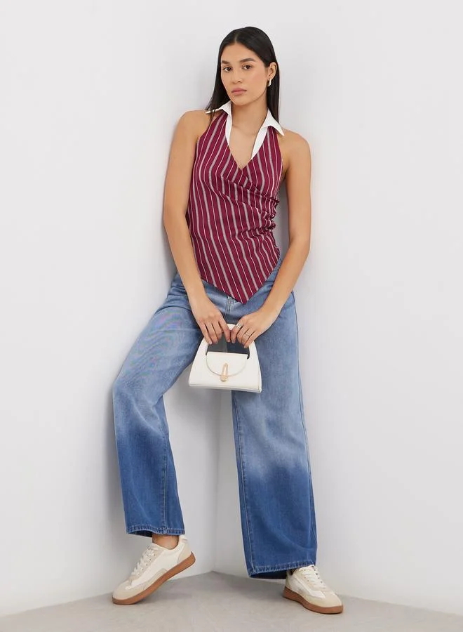 Styli Styli Burgundy Striped Halter Top with Collar