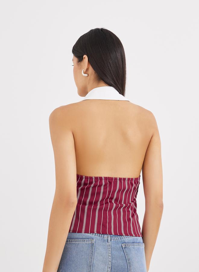Styli Burgundy Striped Halter Top with Collar - Image 4