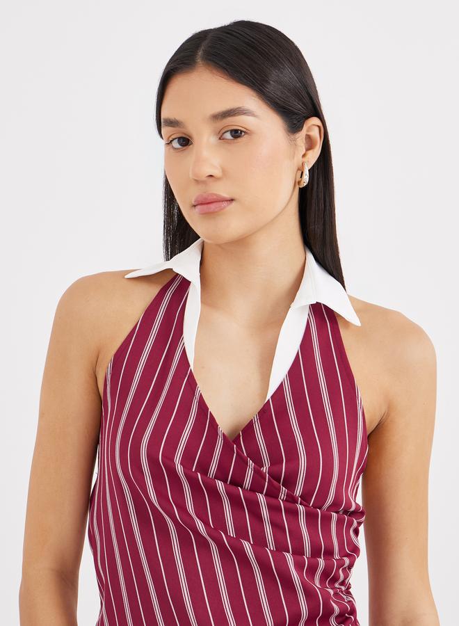 Styli Burgundy Striped Halter Top with Collar - Image 3