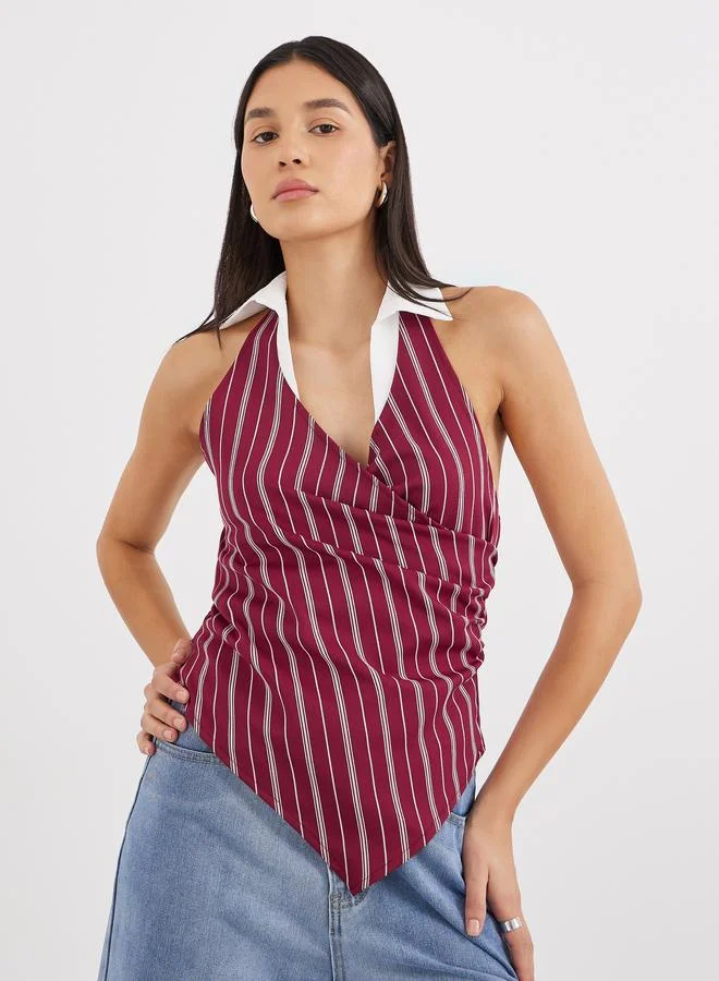Styli Burgundy Striped Halter Top with Collar