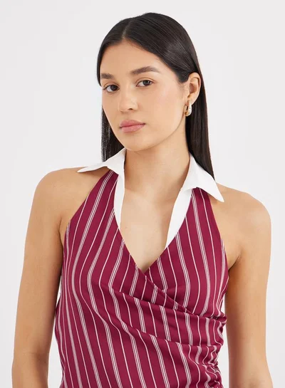 Styli Burgundy Striped Halter Top with Collar