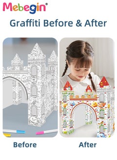 MEBEGIN DIY Doodle Set with Six Colored Pens, Kids Art and Craft Playset, Personalized Cardboard Fort, Unique Castle Drawn by You, Sturdy Durable for Indoor and Outdoor Play, Great Group Activity for Kids Aged 3+, 37*37*42cm  - Image 4