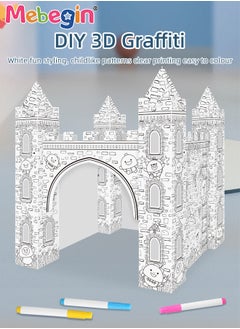 MEBEGIN DIY Doodle Set with Six Colored Pens, Kids Art and Craft Playset, Personalized Cardboard Fort, Unique Castle Drawn by You, Sturdy Durable for Indoor and Outdoor Play, Great Group Activity for Kids Aged 3+, 37*37*42cm  - Image 2