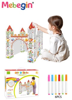MEBEGIN DIY Doodle Set with Six Colored Pens, Kids Art and Craft Playset, Personalized Cardboard Fort, Unique Castle Drawn by You, Sturdy Durable for Indoor and Outdoor Play, Great Group Activity for Kids Aged 3+, 37*37*42cm  - Image 1