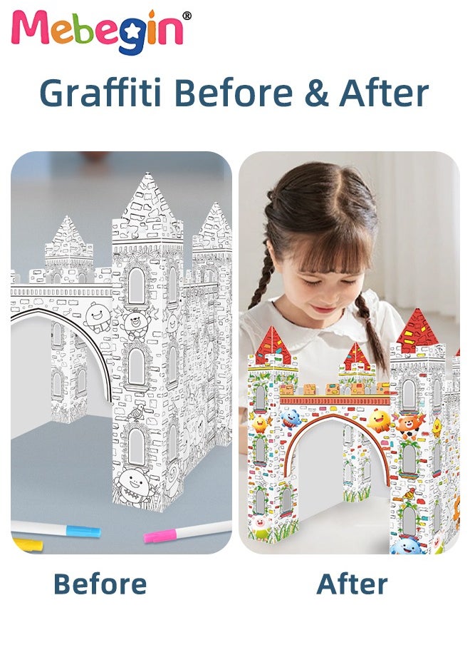 MEBEGIN DIY Doodle Set with Six Colored Pens, Kids Art and Craft Playset, Personalized Cardboard Fort, Unique Castle Drawn by You, Sturdy Durable for Indoor and Outdoor Play, Great Group Activity for Kids Aged 3+, 37*37*42cm  - Image 4
