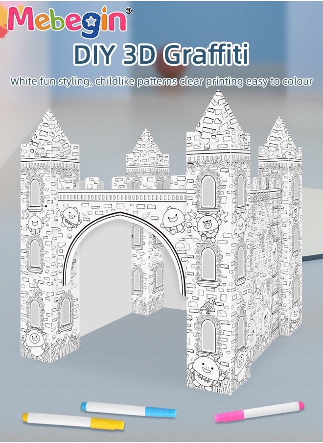 MEBEGIN DIY Doodle Set with Six Colored Pens, Kids Art and Craft Playset, Personalized Cardboard Fort, Unique Castle Drawn by You, Sturdy Durable for Indoor and Outdoor Play, Great Group Activity for Kids Aged 3+, 37*37*42cm  - Image 2