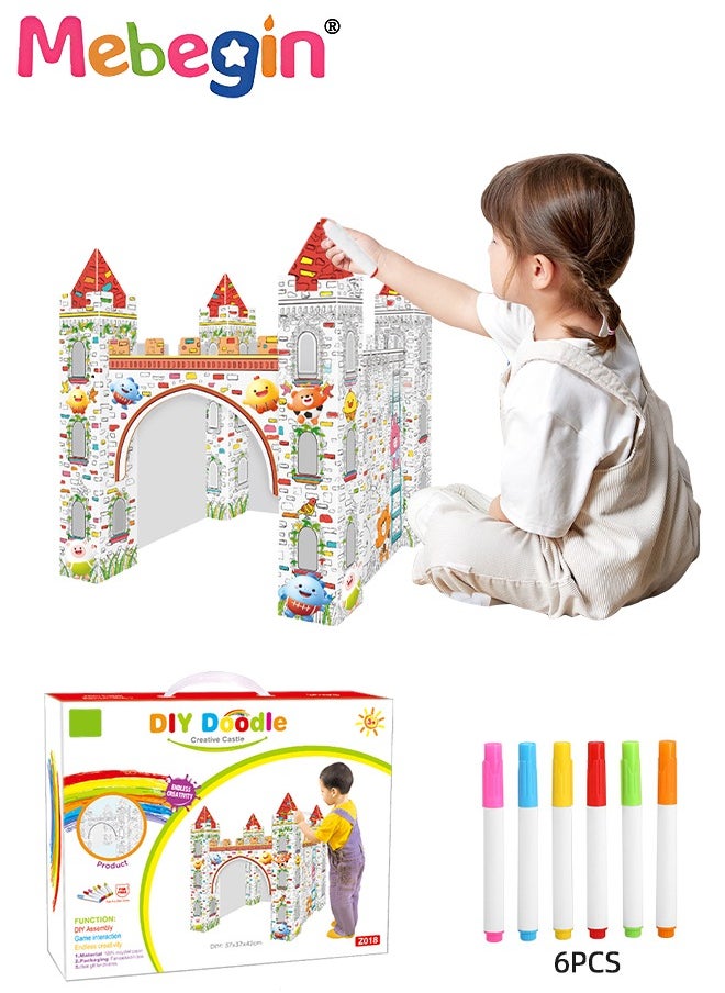 MEBEGIN DIY Doodle Set with Six Colored Pens, Kids Art and Craft Playset, Personalized Cardboard Fort, Unique Castle Drawn by You, Sturdy Durable for Indoor and Outdoor Play, Great Group Activity for Kids Aged 3+, 37*37*42cm  - Image 1