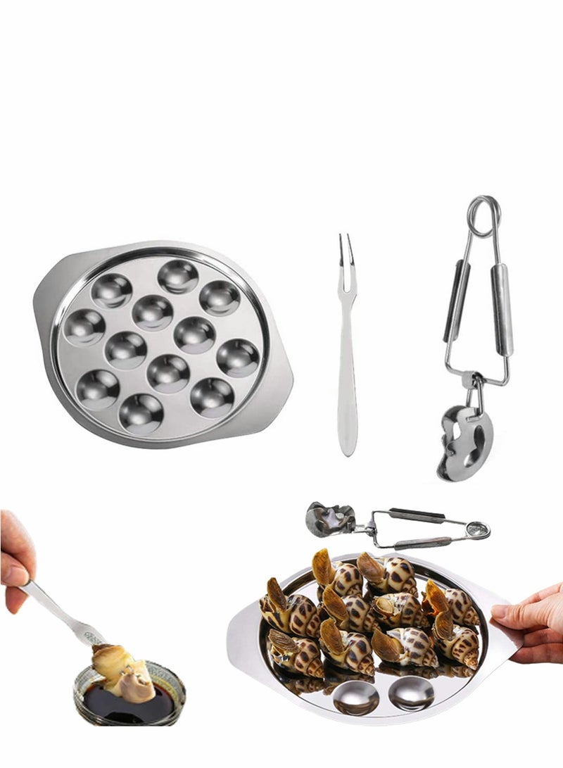 SYOSI Escargot Dining Set, Stainless Steel Escargot Tableware Metal Snail Tong 12 Compartment Holes Snail Plate Tong Escargot Fork Escargot Plate for Home BBQ Restaurant, 2 Set - Image 1