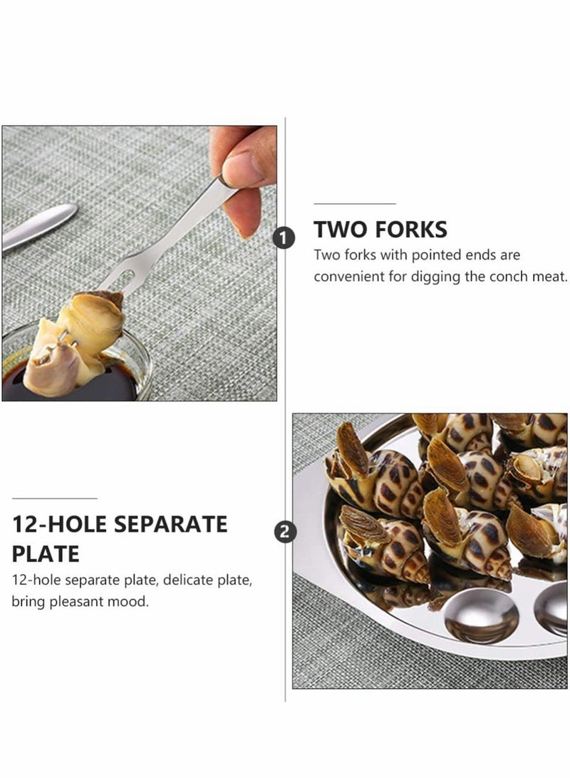 SYOSI Escargot Dining Set, Stainless Steel Escargot Tableware Metal Snail Tong 12 Compartment Holes Snail Plate Tong Escargot Fork Escargot Plate for Home BBQ Restaurant, 2 Set - Image 2