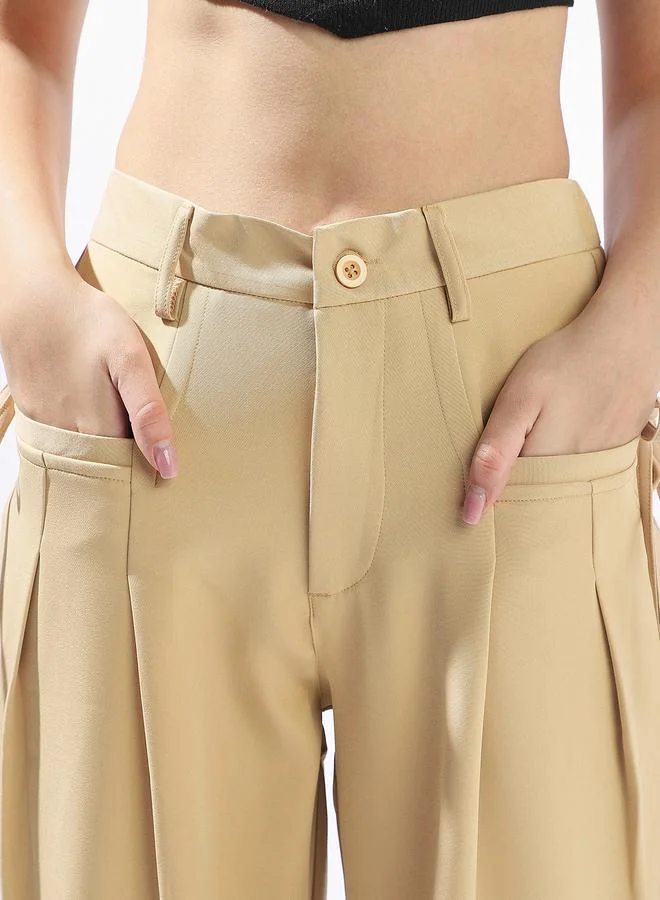 Hubberholme  Beige Wide Leg Trousers for Women Wide Leg Fit 91% Polyester 9% Spandex Button Closure for Women | Best Price UAE