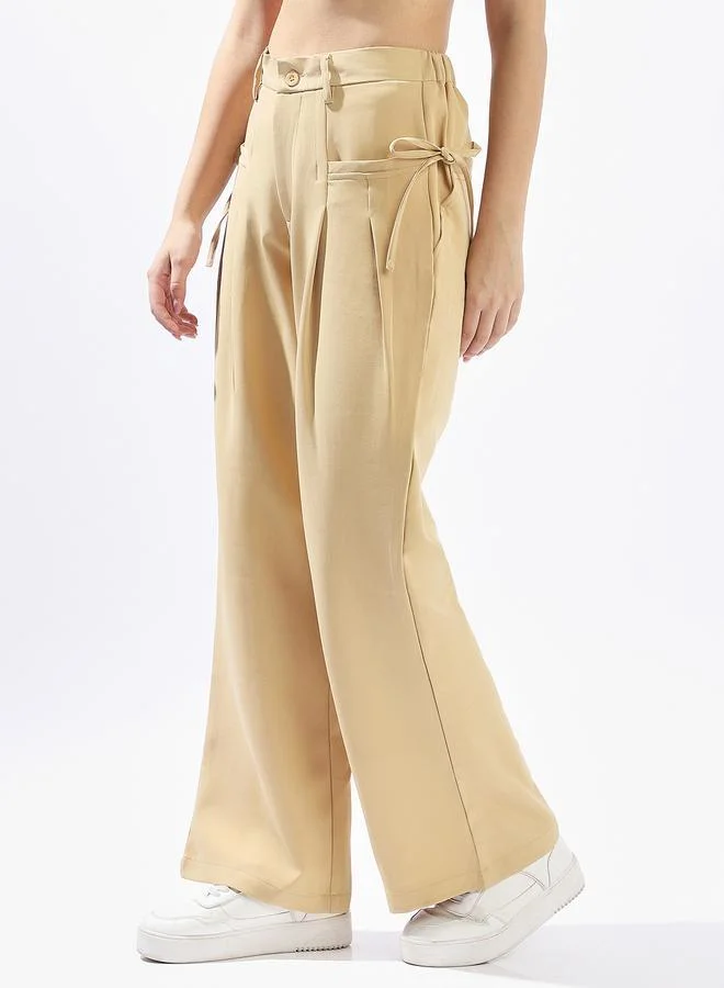 Hubberholme  Beige Wide Leg Trousers for Women Wide Leg Fit 91% Polyester 9% Spandex Button Closure for Women | Best Price UAE