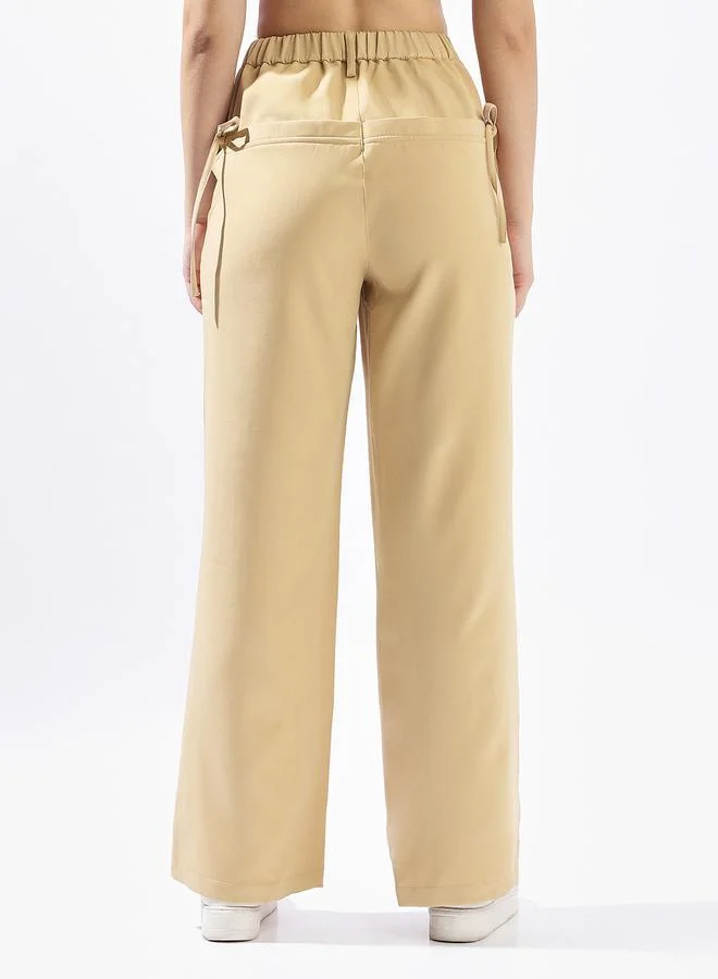 Hubberholme  Beige Wide Leg Trousers for Women Wide Leg Fit 91% Polyester 9% Spandex Button Closure for Women | Best Price UAE