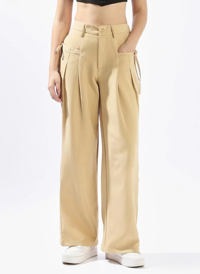 Hubberholme  Beige Wide Leg Trousers for Women Wide Leg Fit 91% Polyester 9% Spandex Button Closure for Women | Best Price UAE