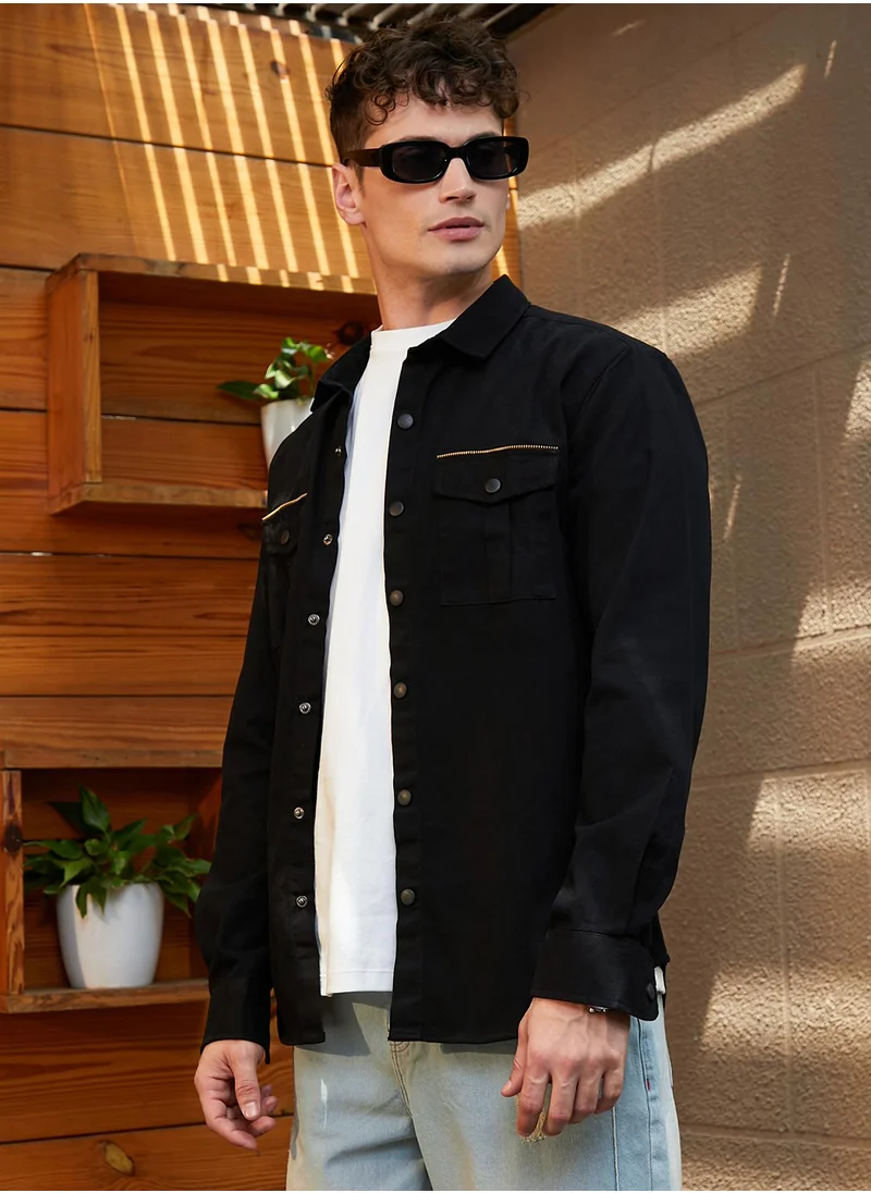 Campus Sutra Men's Onyx Black Safari-Utility Relaxed Shirt
