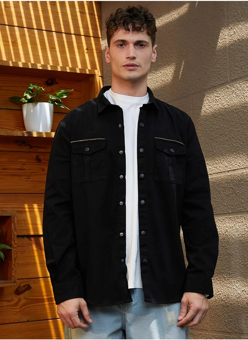 Campus Sutra Men's Onyx Black Safari-Utility Relaxed Shirt
