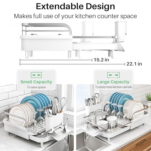 SNTD Dish Drying Rack Expandable Dish Rack for Kitchen Counter Stainless Steel Dish Drainer with Drainboard Set and Utensil Holder White - Image 3
