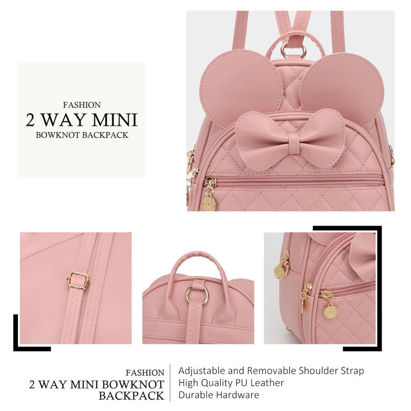 KL928 Girls Quilted Bowknot Cute Mini Backpack Small Daypacks Convertible Shoulder Bag Solid Color Purse for Women (DX-Light Pink) - Image 4