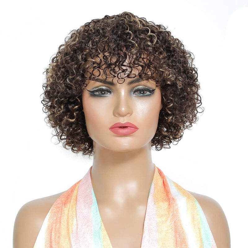 Molefi Short Curly Human Hair Wigs for Black Women Bob Curly Bangs Wig Guleless Human Hair Kinky Curly Wigs 150 Density Machine Made Wig Brown Mix Honey Blonde Highlights