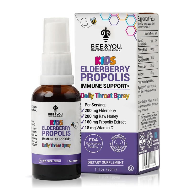 BEE & YOU Bee and You, Kids Immune Support Supplement Throat Spray, Elderberry, Raw Honey, Propolis Extract, Vitamin C, Strawberry Juice, Antioxidants, Sore Throat Relief, 1 fl. Oz - Image 1
