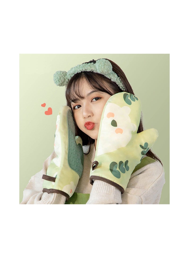 Oven Gloves, Heat Resistant Oven Gloves with Silicone Non-Slip for Kitchens, Grilling, Cooking, Baking, Microwaving, and Pizza, Reusable for Cooking Baking Barbecue Microwave - 1 Pair (Green) - Image 2