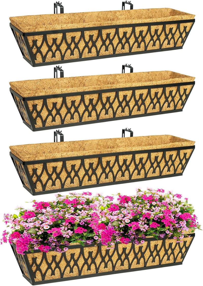 Karlliu 4 Pack 30 Inch Window Boxes Planters Railing Planter Box with Adjustable Brackets for Porch Fence Patio Balcony Hanging Flower Baskets with Coco Liners for Outdoor Garden Decor - Black - Image 1
