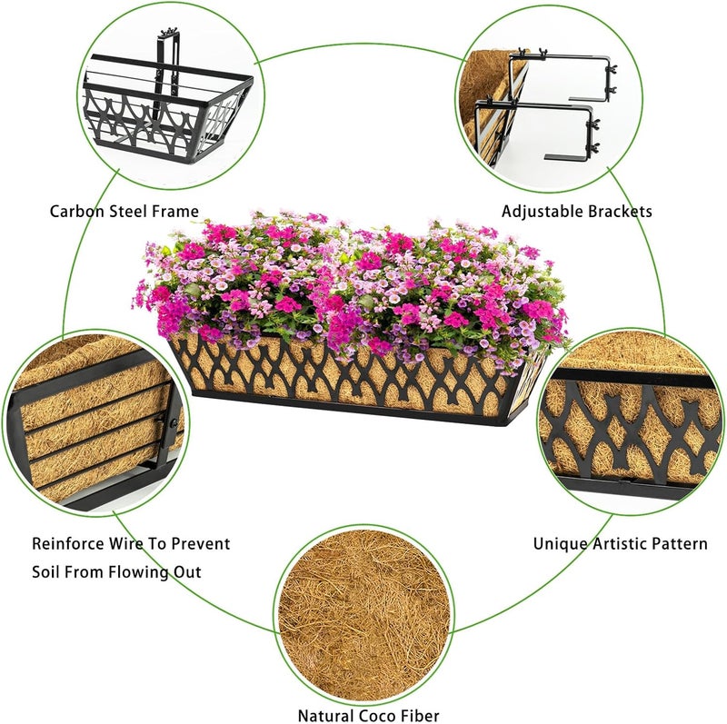 Karlliu 4 Pack 30 Inch Window Boxes Planters Railing Planter Box with Adjustable Brackets for Porch Fence Patio Balcony Hanging Flower Baskets with Coco Liners for Outdoor Garden Decor - Black - Image 3