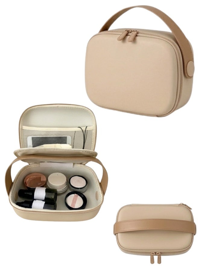حقيبة تنظيم مستحضرات تجميل بيضاوية الشكل بمقبض علوي عريض، وسحاب مزدوج، وحقيبة مكياج احترافية مقاومة للصدمات، وحقيبة أدوات تجميل عملية للسفر، وحقيبة تخزين متعددة الأقسام مع جيب علوي شبكي، وحوامل فرش مرنة، وحقيبة مستحضرات تجميل متينة للاستخدام اليومي، ومجموعة أدوات فنان المكياج، وتخزين منتجات العناية بالبشرة وأدوات النظافة، وحقيبة تنظيم مستحضرات تجميل محمولة للسفر والمنزل (بيج) - Image 1