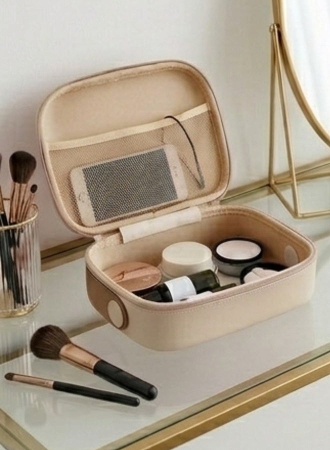 حقيبة تنظيم مستحضرات تجميل بيضاوية الشكل بمقبض علوي عريض، وسحاب مزدوج، وحقيبة مكياج احترافية مقاومة للصدمات، وحقيبة أدوات تجميل عملية للسفر، وحقيبة تخزين متعددة الأقسام مع جيب علوي شبكي، وحوامل فرش مرنة، وحقيبة مستحضرات تجميل متينة للاستخدام اليومي، ومجموعة أدوات فنان المكياج، وتخزين منتجات العناية بالبشرة وأدوات النظافة، وحقيبة تنظيم مستحضرات تجميل محمولة للسفر والمنزل (بيج) - Image 2