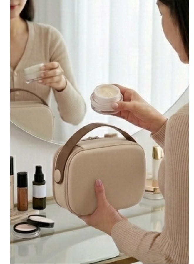 حقيبة تنظيم مستحضرات تجميل بيضاوية الشكل بمقبض علوي عريض، وسحاب مزدوج، وحقيبة مكياج احترافية مقاومة للصدمات، وحقيبة أدوات تجميل عملية للسفر، وحقيبة تخزين متعددة الأقسام مع جيب علوي شبكي، وحوامل فرش مرنة، وحقيبة مستحضرات تجميل متينة للاستخدام اليومي، ومجموعة أدوات فنان المكياج، وتخزين منتجات العناية بالبشرة وأدوات النظافة، وحقيبة تنظيم مستحضرات تجميل محمولة للسفر والمنزل (بيج) - Image 4