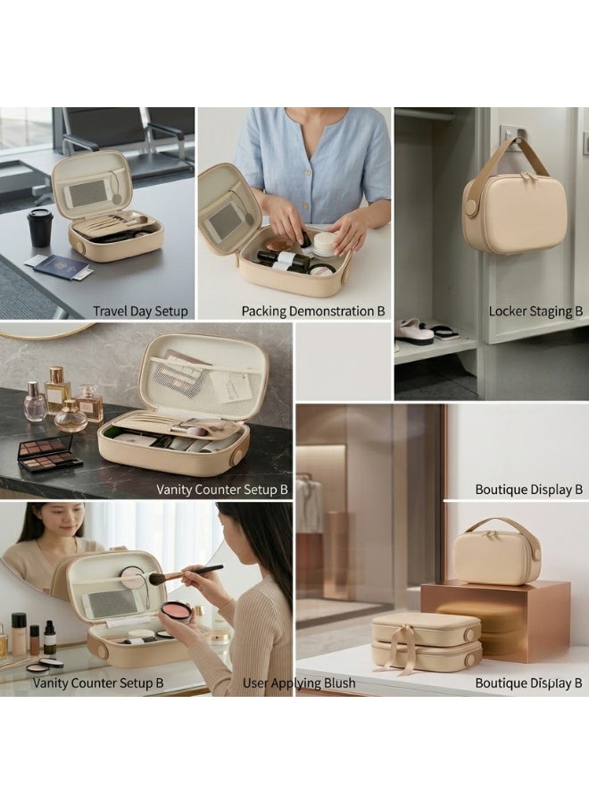 حقيبة تنظيم مستحضرات تجميل بيضاوية الشكل بمقبض علوي عريض، وسحاب مزدوج، وحقيبة مكياج احترافية مقاومة للصدمات، وحقيبة أدوات تجميل عملية للسفر، وحقيبة تخزين متعددة الأقسام مع جيب علوي شبكي، وحوامل فرش مرنة، وحقيبة مستحضرات تجميل متينة للاستخدام اليومي، ومجموعة أدوات فنان المكياج، وتخزين منتجات العناية بالبشرة وأدوات النظافة، وحقيبة تنظيم مستحضرات تجميل محمولة للسفر والمنزل (بيج) - Image 3