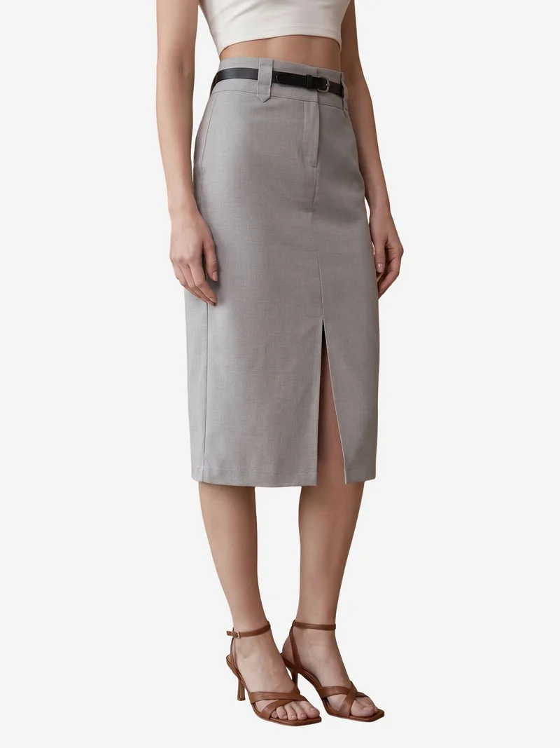 My Fashion Light Grey MY FASHION High-Waist Midi Pencil Skirt with Slit for Women | Best Price UAE