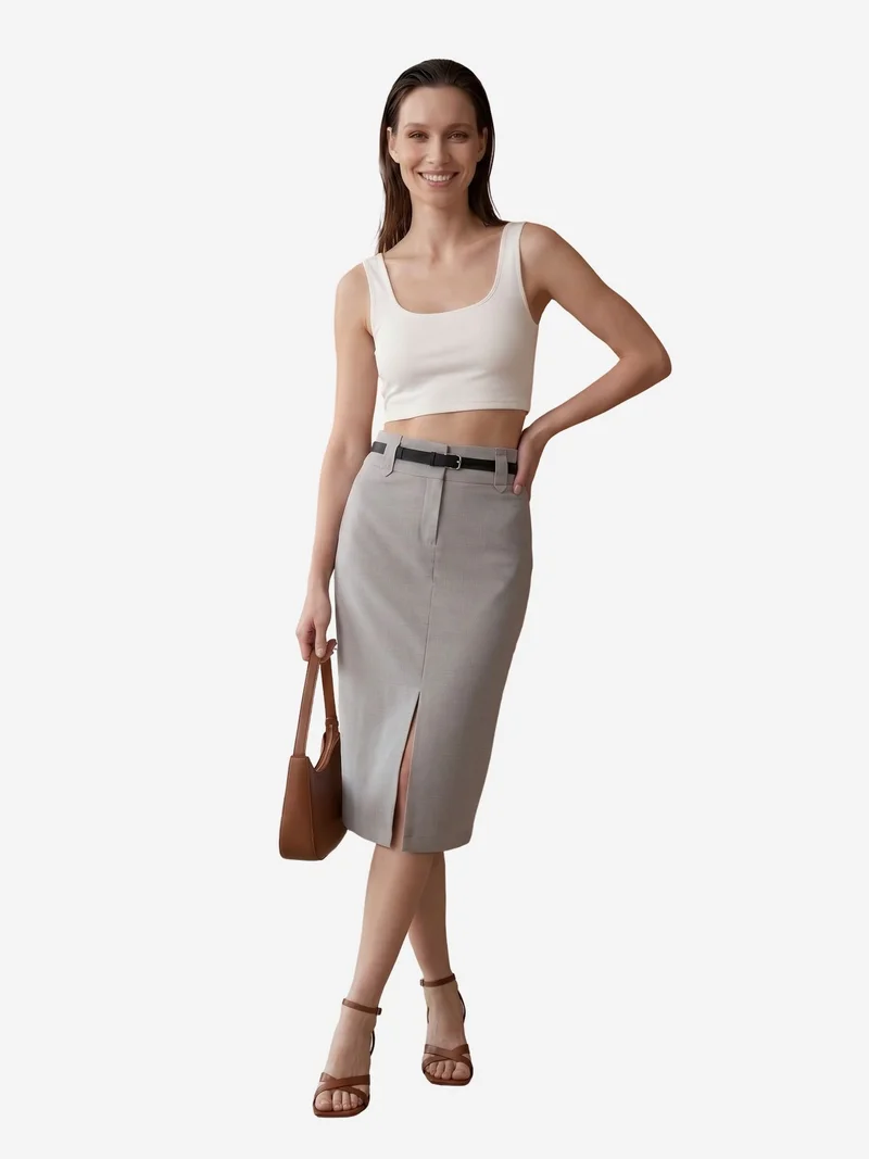 My Fashion Light Grey MY FASHION High-Waist Midi Pencil Skirt with Slit for Women | Best Price UAE