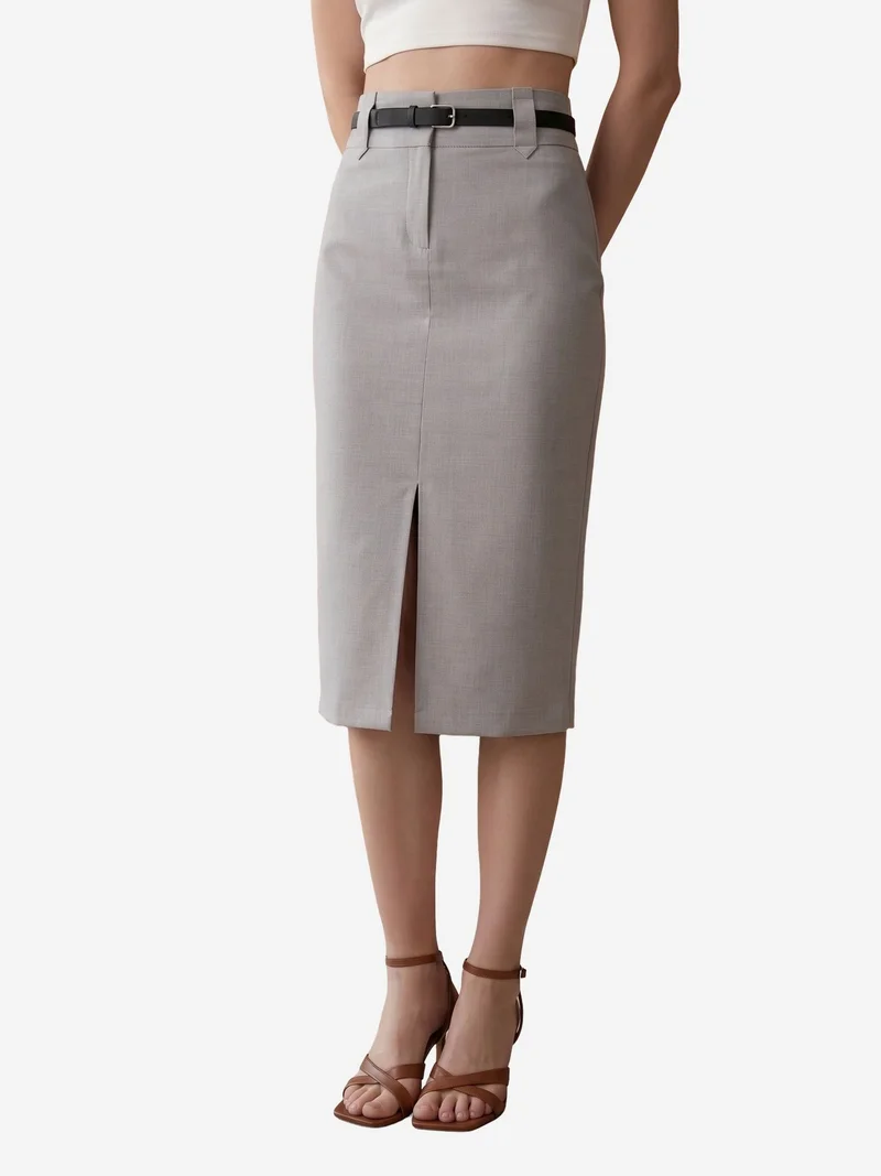 My Fashion Light Grey MY FASHION High-Waist Midi Pencil Skirt with Slit for Women | Best Price UAE