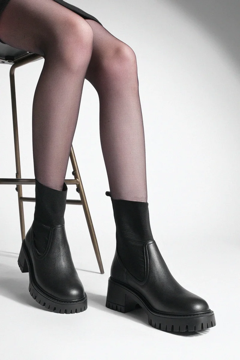 MARJIN Women's Leather Elastic Thick Heeled Scratch Sole Casual Boots Roden