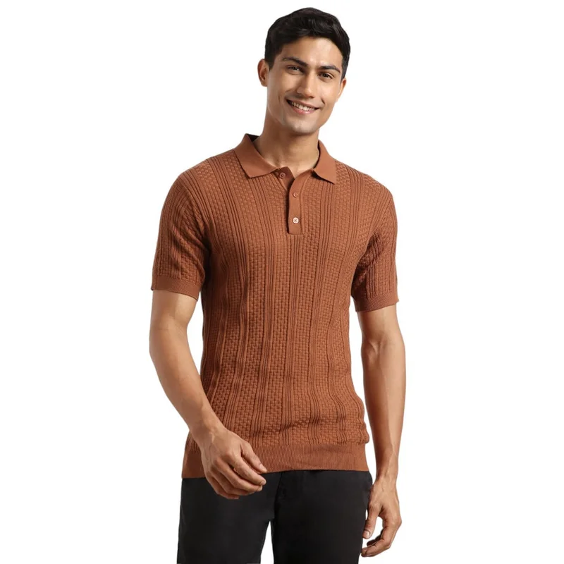 NOBERO Men's Brown Textured Polo Shirt