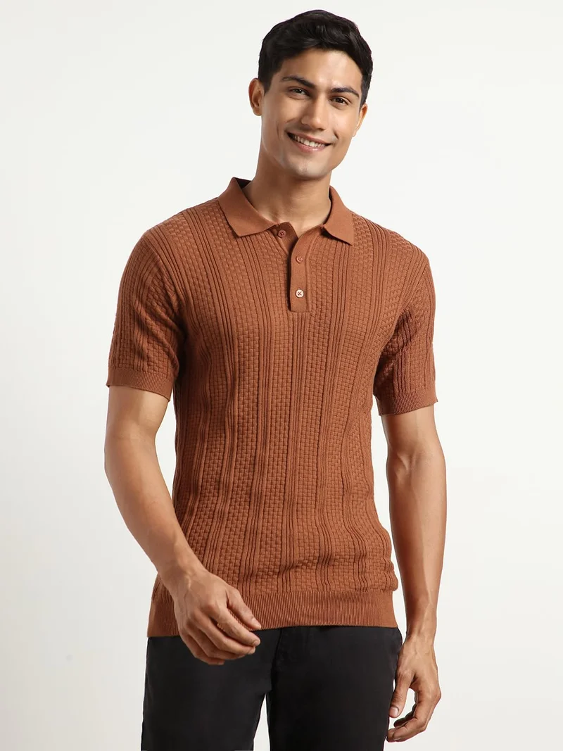 NOBERO Men's Brown Textured Polo Shirt