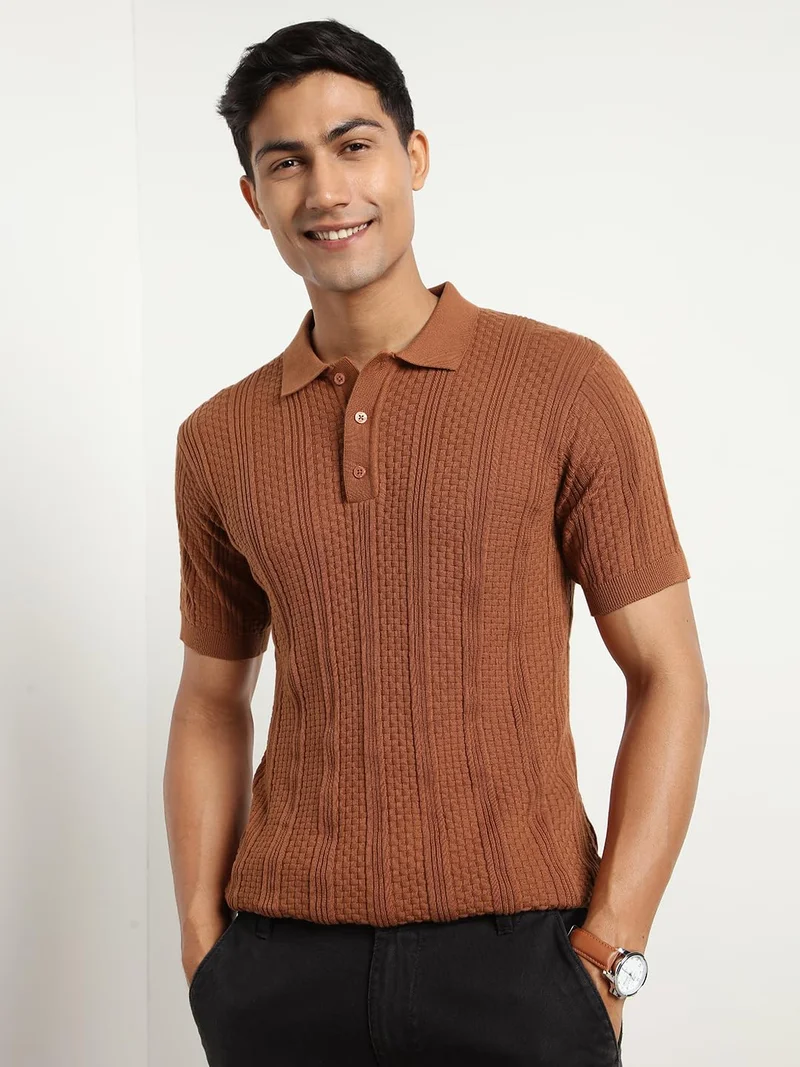 NOBERO Men's Brown Textured Polo Shirt