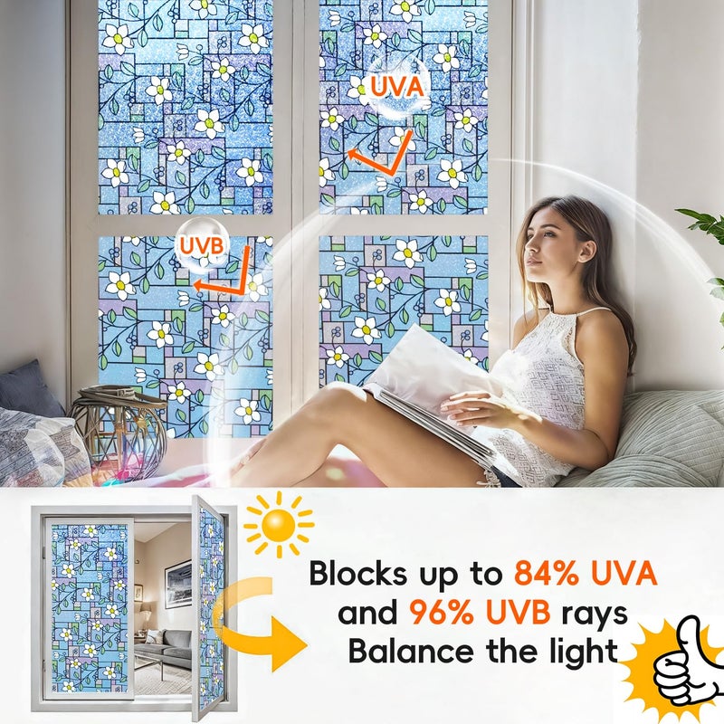 DUOFIRE Stained Glass Window Film Color Flower Pattern Privacy Window Film Decorative Glass Film No Glue Anti-UV Window Sticker Non Adhesive for Bedroom Living Room 35.4in. x 78.7in. DP003-1 - Image 2