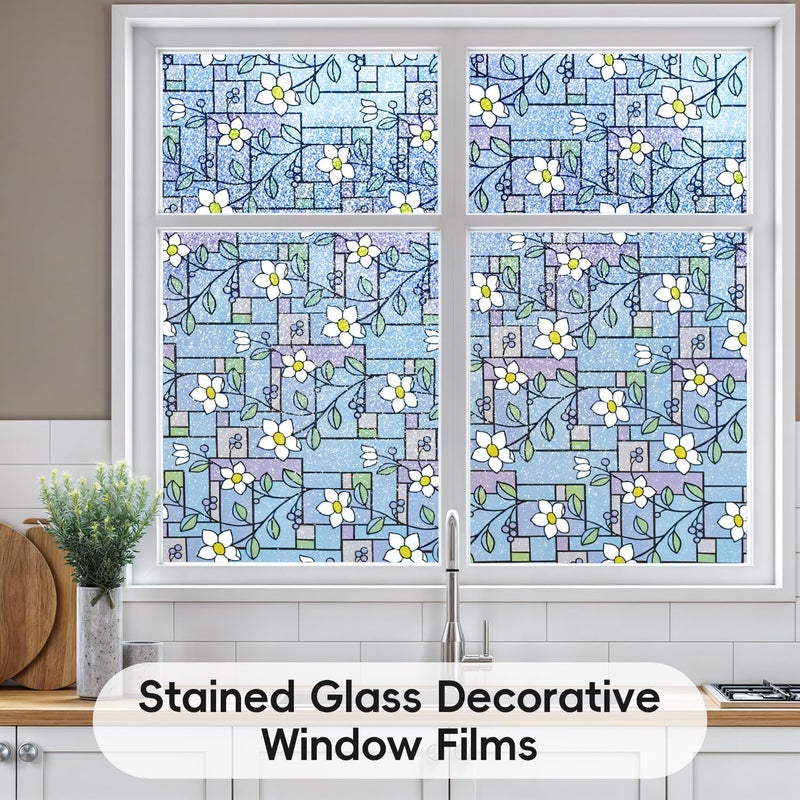 DUOFIRE Stained Glass Window Film Color Flower Pattern Privacy Window Film Decorative Glass Film No Glue Anti-UV Window Sticker Non Adhesive for Bedroom Living Room 35.4in. x 78.7in. DP003-1 - Image 4