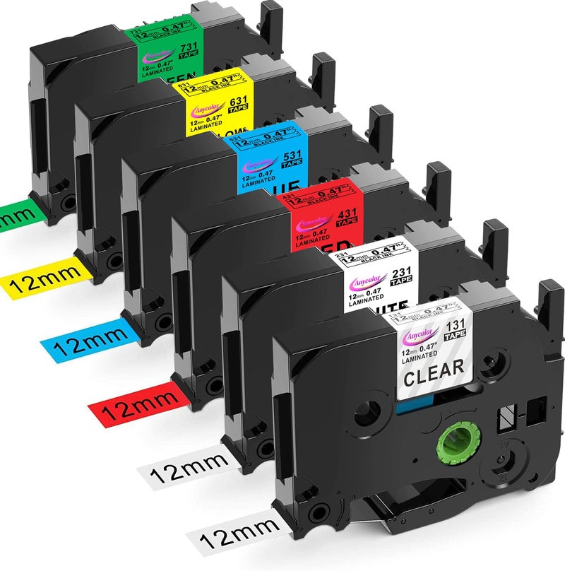 Anycolor 6-Pack Compatible with Brother P Touch TZe TZ Label Tape 12mm 0.47 Laminated (White/Clear/Red/Blue/Yellow/Green) for Ptouch PT-D210 PT-H110 PT-D220 PTD400 PTD410 Label Maker - Image 1