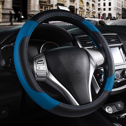 szttswamp Leather Car Steering Wheel Cover, Non-Slip Car Wheel Cover Protector Breathable Microfiber Leather Universal Fit for Most Cars (Blue-2) - Image 1