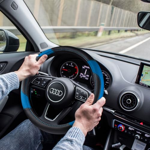 szttswamp Leather Car Steering Wheel Cover, Non-Slip Car Wheel Cover Protector Breathable Microfiber Leather Universal Fit for Most Cars (Blue-2) - Image 2